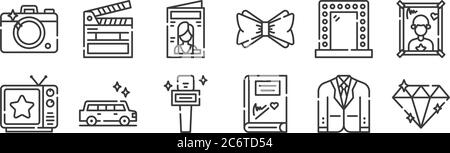 12 set of linear fame icons. thin outline icons such as diamond, autograph, limousine, mirror, magazine, clapperboard for web, mobile Stock Vector