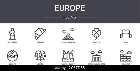 europe concept line icons set. contains icons usable for web, logo, ui/ux such as french, clover, europe, viking helmet, brandenburg gate, coliseum, w Stock Vector
