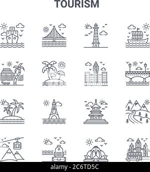 set of 16 tourism concept vector line icons. 64x64 thin stroke icons such as bridge, cruise ship, bridge, temple, luggage, big ben, lotus temple, big Stock Vector