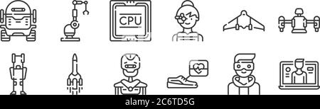 12 set of linear technology of the future icons. thin outline icons such as video call, smart shoes, rocket, uav, cpu, crane for web, mobile Stock Vector