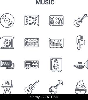 set of 16 music concept vector line icons. 64x64 thin stroke icons such as turntable, gong, earbuds, woofer, guitar, gramophone, banjo, cassette, elec Stock Vector