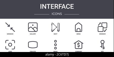 interface concept line icons set. contains icons usable for web, logo, ui/ux such as gallery, menu, lens, menu, company, key, minimize, next Stock Vector