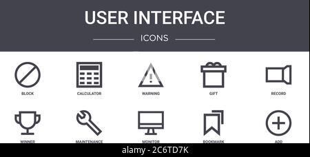 user interface concept line icons set. contains icons usable for web, logo, ui/ux such as calculator, gift, winner, monitor, bookmark, add, record, wa Stock Vector
