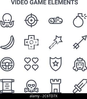 set of 16 video game elements concept vector line icons. 64x64 thin stroke icons such as target, banana, arrow, shield, death, sword, tower, magic wan Stock Vector