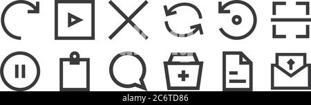 12 set of linear user interface icons. thin outline icons such as email, add, clipboard, reload, delete, video player for web, mobile Stock Vector