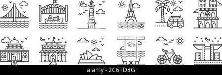 12 set of linear tourism icons. thin outline icons such as building, summer holidays, vienna, road trip, lighthouse, cruise ship for web, mobile Stock Vector