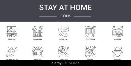 stay at home concept line icons set. contains icons usable for web, logo, ui/ux such as boundary, television, spa and relax, fried egg, guitar, rollin Stock Vector