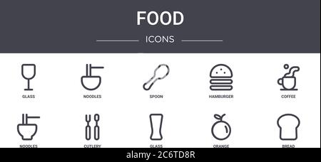 food concept line icons set. contains icons usable for web, logo, ui/ux such as noodles, hamburger, noodles, glass, orange, bread, coffee, spoon Stock Vector