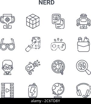 set of 16 nerd concept vector line icons. 64x64 thin stroke icons such as rubik, eyeglasses, pocket, , energy drink, headphone, geography, console, ro Stock Vector