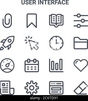 set of 16 user interface concept vector line icons. 64x64 thin stroke icons such as bookmark, rocket, folder, statistics, settings, eraser, web browse Stock Vector