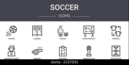 soccer concept line icons set. contains icons usable for web, logo, ui/ux such as lockers, game strategy, football player, strategy, football cup, soc Stock Vector