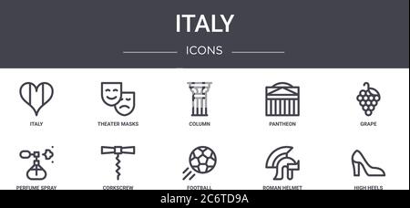 italy concept line icons set. contains icons usable for web, logo, ui/ux such as theater masks, pantheon, perfume spray, football, roman helmet, high Stock Vector