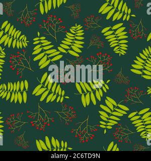 Rowan berry branches and leaves green seamless pattern. Seamless autumn pattern. Fall colorful floral background. Fall floral backdrop. Stock vector Stock Vector