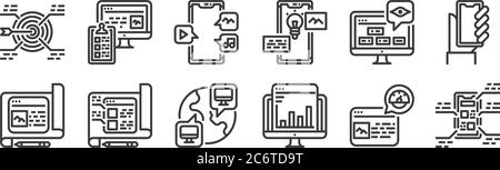 12 set of linear user experience icons. thin outline icons such as mockup, analysis, planing, seo, multimedia, checklist for web, mobile Stock Vector
