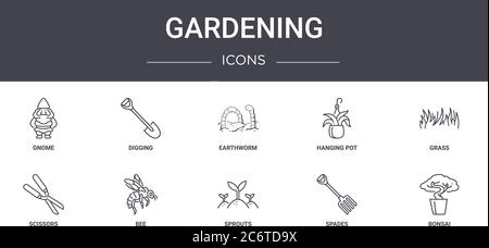 gardening concept line icons set. contains icons usable for web, logo, ui/ux such as digging, hanging pot, scissors, sprouts, spades, bonsai, grass, e Stock Vector