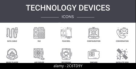 technology devices concept line icons set. contains icons usable for web, logo, ui/ux such as fax, configuration, music player, recording, simcard, sa Stock Vector