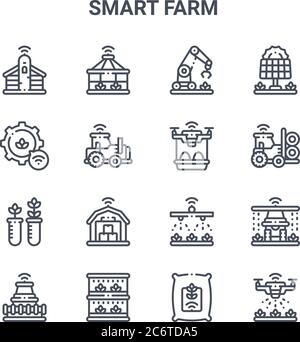 set of 16 smart farm concept vector line icons. 64x64 thin stroke icons such as house, settings, tractor, watering, vertical farming, drone, seed bag, Stock Vector