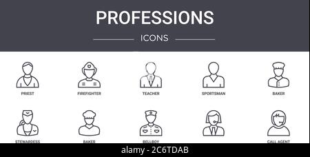 professions concept line icons set. contains icons usable for web, logo, ui/ux such as firefighter, sportsman, stewardess, bellboy, , call agent, bake Stock Vector