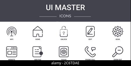 ui master concept line icons set. contains icons usable for web, logo, ui/ux such as home, edit, website, focus, phone call, zoom out, gear, unlock Stock Vector