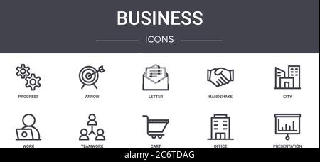 business concept line icons set. contains icons usable for web, logo, ui/ux such as arrow, handshake, work, cart, office, presentation, city, letter Stock Vector