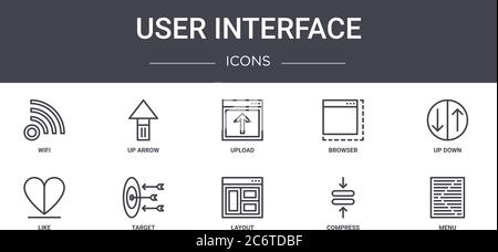 user interface concept line icons set. contains icons usable for web, logo, ui/ux such as up arrow, browser, like, layout, compress, menu, up down, up Stock Vector
