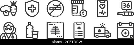 12 set of linear health icons. thin outline icons such as health, health, water, heart rate, no smoking, health insurance for web, mobile Stock Vector