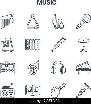 set of 16 music concept vector line icons. 64x64 thin stroke icons such as triangle, metronome, cymbals, headphones, musical note, clarinet, guitar ca Stock Vector