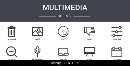 multimedia concept line icons set. contains icons usable for web, logo, ui/ux such as image, unlike, search, laptop, board, calendar, equalizer, disc Stock Vector