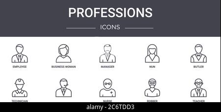 professions concept line icons set. contains icons usable for web, logo, ui/ux such as business woman, nun, technician, nurse, robber, teacher, butler Stock Vector