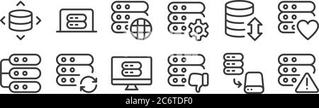 12 set of linear work office server icons. thin outline icons such as error, bad review, switch, data transfer, website, server for web, mobile Stock Vector