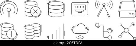 12 set of linear network and database icons. thin outline icons such as network, cloud storage, database, , database, database for web, mobile Stock Vector