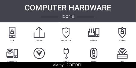 computer hardware concept line icons set. contains icons usable for web, logo, ui/ux such as upload, broken, computer, cable, mouse, wifi, locked, pro Stock Vector