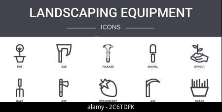 landscaping equipment concept line icons set. contains icons usable for web, logo, ui/ux such as axe, shovel, rake, strawberry, axe, grass, sprout, pi Stock Vector