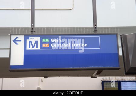 Signs for train and metro on the subway and railroad station Amsterdam Zuid Stock Photo