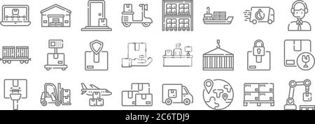 logistic and delivery line icons. linear set. quality vector line set such as robotic arm, worldwide, parcel, barcode, security, insurance, , warehous Stock Vector