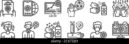 12 set of linear coronavirus icons. thin outline icons such as report, syringe, help call, handwash, analysis, mobilephone for web, mobile Stock Vector