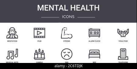 mental health concept line icons set. contains icons usable for web, logo, ui/ux such as film, alarm clock, musical note, sad, bed, telephone, yoga po Stock Vector