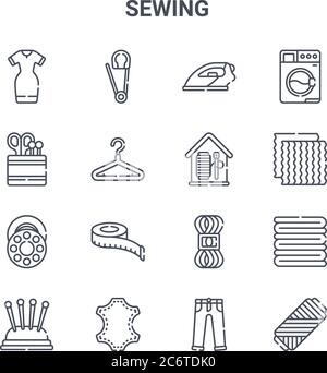set of 16 sewing concept vector line icons. 64x64 thin stroke icons such as safety pin, sewing tools, fabric, thread, leather, thread, trousers, sewin Stock Vector