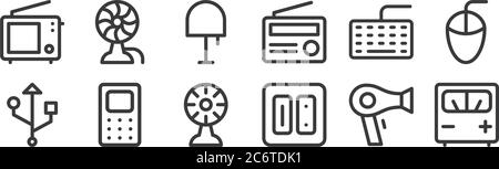 12 set of linear electronics icons. thin outline icons such as voltage indicator, electric outlet, phone, keyboard, table lamp, fan for web, mobile Stock Vector