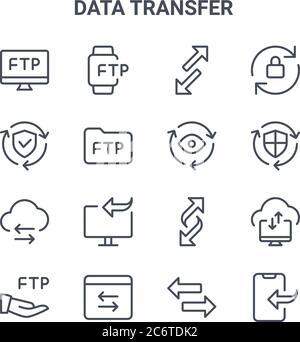 set of 16 data transfer concept vector line icons. 64x64 thin stroke icons such as smartwatch, security, secure, transfer, transfer, data sync, locked Stock Vector