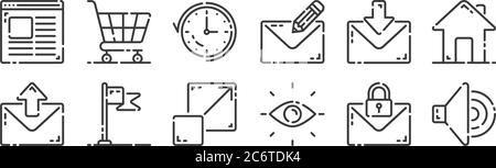 12 set of linear user interface icons. thin outline icons such as audio, vision, flag, email, history, cart for web, mobile Stock Vector