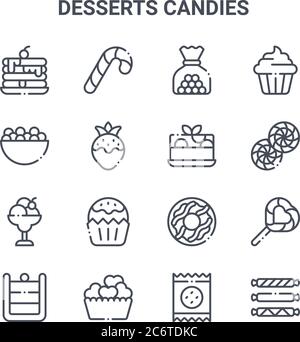 set of 16 desserts candies concept vector line icons. 64x64 thin stroke icons such as candy cane, candies, sweet, donut, heart, candies, biscuit, cake Stock Vector