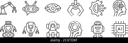 12 set of linear robotics icons. thin outline icons such as chip, artificial intelligence, robot, circuit, vision, chatbot for web, mobile Stock Vector