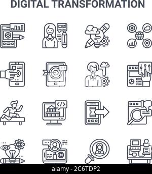 set of 16 digital transformation concept vector line icons. 64x64 thin stroke icons such as testing, interactive, user interface, fast forward, hiring Stock Vector