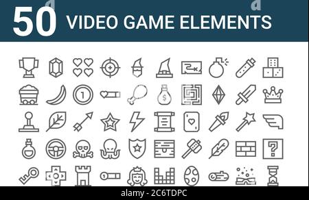 set of 50 video game elements icons. outline thin line icons such as hourglass, password, love potion, joystick, mining cart, gem, old paper Stock Vector