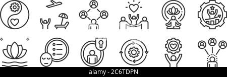 12 set of linear work life balance icons. thin outline icons such as relationship, management, priority, meditation, community, leisure for web, mobil Stock Vector
