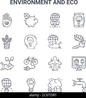 set of 16 environment and eco concept vector line icons. 64x64 thin stroke icons such as piggy bank, flower pot, door key, aeroplane, solution, water Stock Vector