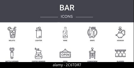 bar concept line icons set. contains icons usable for web, logo, ui/ux such as lighter, knife, bottle opener, open, corkscrew, glasses, hookah, wine Stock Vector