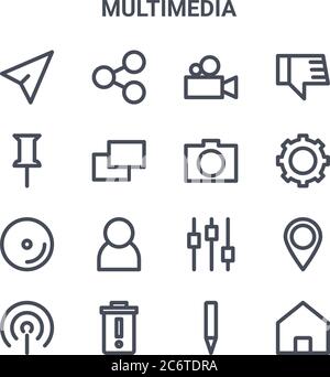 set of 16 multimedia concept vector line icons. 64x64 thin stroke icons such as share, pin, gear, equalizer, remove, home, pencil, camera, unlike Stock Vector