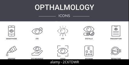 opthalmology concept line icons set. contains icons usable for web, logo, ui/ux such as eye, eye pills, dropper, focus, eye exam, refraction, prescrip Stock Vector
